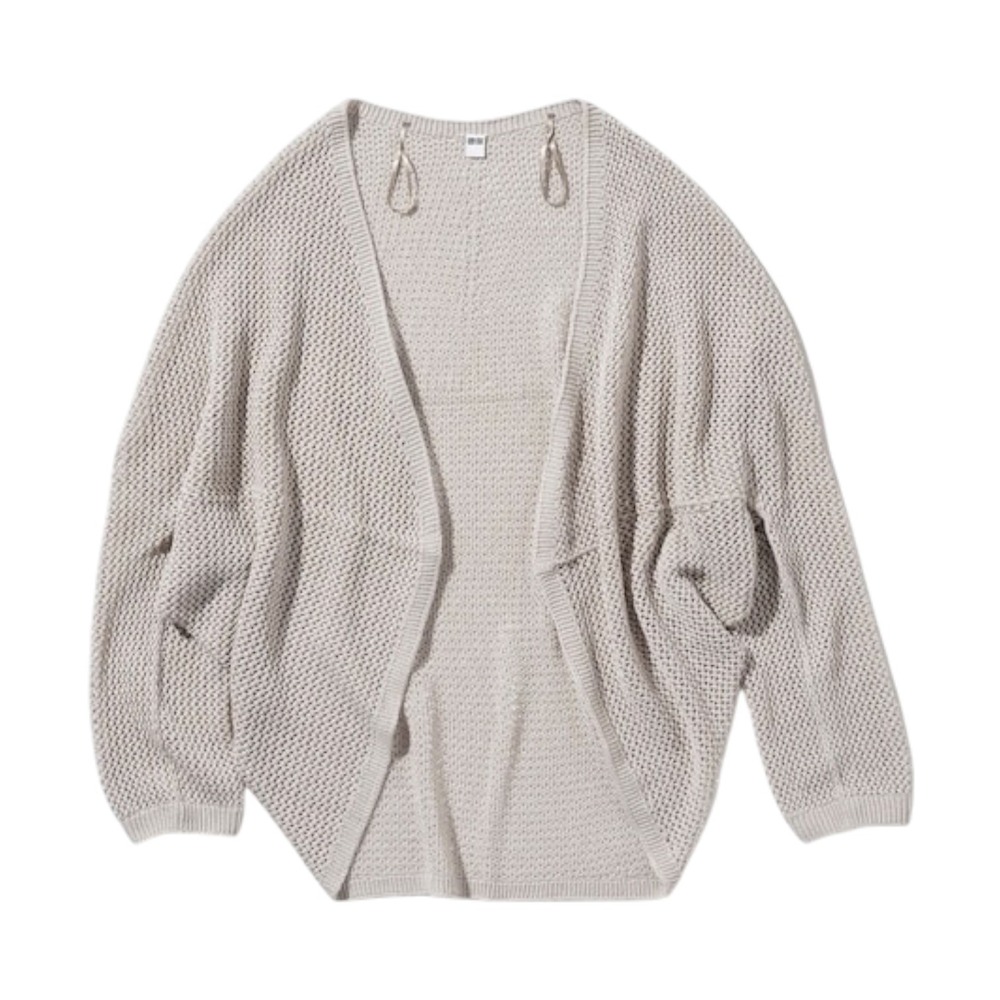 Uniqlo Costal Boho Linen Blend Seamless Mesh Cardigan Light Gray Womens Size M